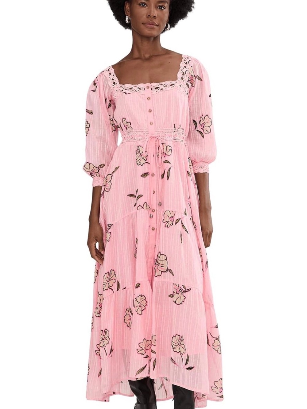 Free People Pink Floral Lace-Trim Maxi Dress